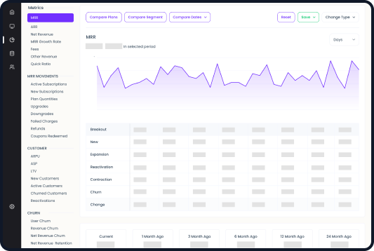 Actionable Metrics Insights showcasing instant access to key SaaS metrics: revenue, subscription, churn, and retention. Actionable Metrics Insights showcasing instant access to key SaaS metrics: revenue, subscription, churn, and retention.