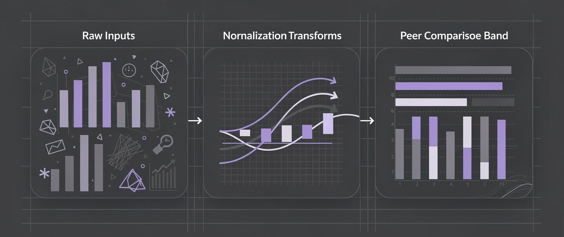 Grow Slash comparison logic diagram showing raw inputs transformed through normalization into a peer comparison band, illustrated with abstract charts, arrows, and a clean dark SaaS analytics layout.